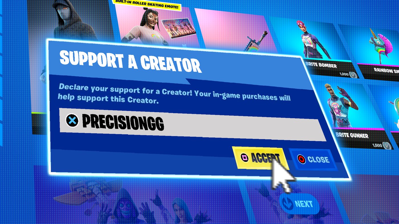 Fortnite Support-A-Creator screen with the code PRECISIONGG entered